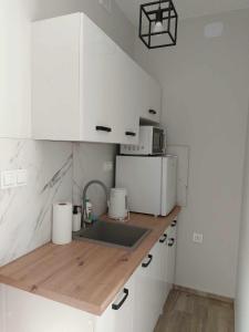 a white kitchen with a sink and a microwave at Zasankowe Wzgórze in Zasań