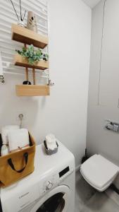 La salle de bains est pourvue d'un lave-linge et de toilettes. dans l'établissement apartament w centrum miasta, à Bydgoszcz