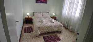 a bedroom with a bed with two night stands and two lamps at Pitsinis Apartments I in Roda