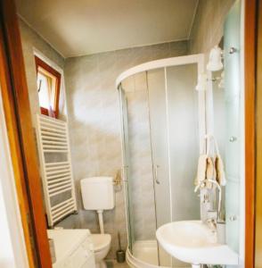 a bathroom with a shower and a toilet and a sink at Lavanda in Vukovar