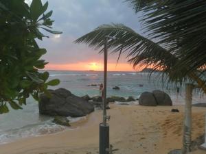a sunset on a beach with a palm tree at Happy Beach Villa Resort in Unawatuna