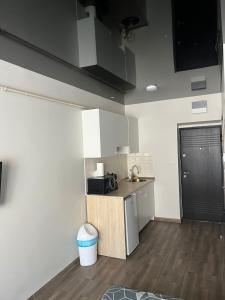 a small kitchen with a counter and a microwave at Marina Studio in Galaţi