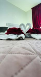 1 cama con 2 toallas en el suelo en Casa Lupascu, en Vatra Dornei