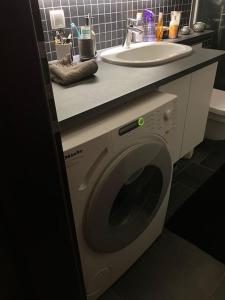 a washing machine under a sink in a bathroom at Private room in a shared apartment with amazing view in Reykjavík