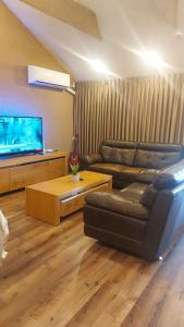 a living room with a couch and a flat screen tv at עץ הזית דירת אירוח in Yeroẖam