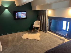 a bedroom with a tv and a white dog laying on the floor at Flaine Forum G1 Cassiopée Mezzanine & Terrasse in Flaine