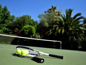 een tennisracket en ballen op een tennisbaan bij Appartement Six-Fours-les-Plages, 2 pièces, 4 personnes - FR-1-316-295 in Six-Fours-les-Plages