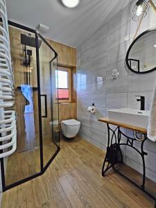 a bathroom with a glass shower and a sink at Domki na Wzgórzu in Piekielnik