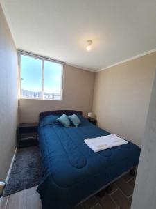 a bedroom with a blue bed with a large window at Acogedora habitación en departamento nuevo in Puerto Montt