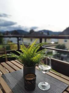 a glass of wine and a potted plant on a table at Wörthersee: Gemütliche Wohnung in Klagenfurt