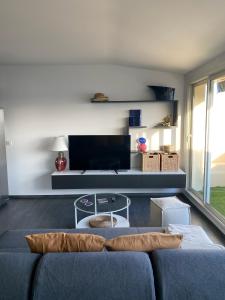 uma sala de estar com um sofá e uma televisão em Appartement sur le port vue Mer em Bandol