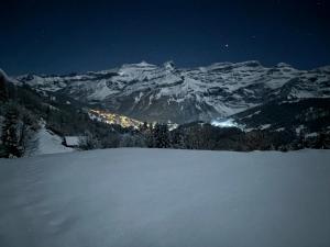 a night view of a snow covered mountain at Chalet Plein Soleil - 100% Nature & authenticité in Vers L'Eglise