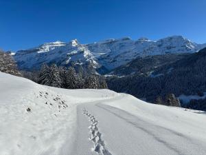 a road in the snow with mountains in the background at Chalet Plein Soleil - 100% Nature & authenticité in Vers L'Eglise