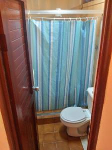a bathroom with a toilet and a blue shower curtain at Hotel Allan Veintiocho Puntarenas in Puntarenas