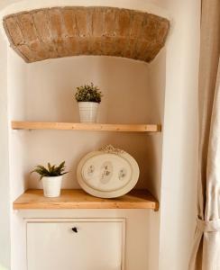 ein Regal mit zwei Topfpflanzen und einer Platte darauf in der Unterkunft Country Apartament - Malpassuti in Carbonara Scrivia