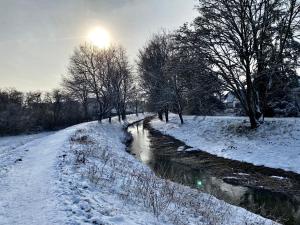 une scène hivernale d'une rivière avec de la neige et des arbres dans l'établissement GARDEN VIEW near FRANKFURT ----- STAY LIKE AT HOME -----, à Hanau