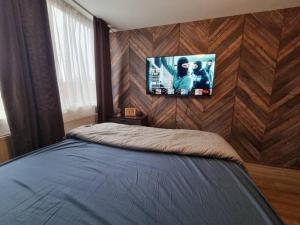 a bedroom with a bed and a tv on a wall at 500-Mb Hi-Tech Silent Work-Home in Amsterdam