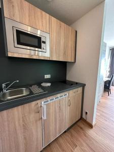 una cucina con lavandino e forno a microonde di Rheinblick Apartment a Coblenza