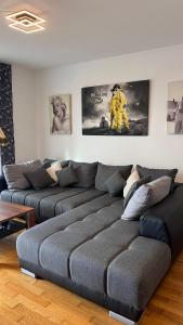 ein Wohnzimmer mit 2 Sofas in einem Zimmer in der Unterkunft Große Ferienwohnung in Augsburg mit Balkon in Augsburg