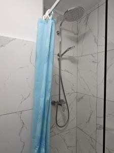 a shower with a blue shower curtain in a bathroom at Apartment Bono Poreč in Poreč