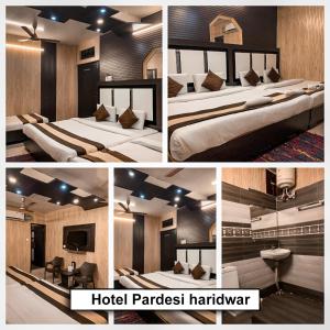 a collage of four pictures of a hotel paracist harcourt at Hotel Paradesi and Restaurant AJ Group in Haridwār