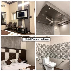 un collage de tres fotos de un baño aterrado de un hotel en Hotel Paradesi and Restaurant AJ Group en Haridwār