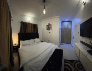 a bedroom with a white bed and a television at Owtee’s Apartments in Port Harcourt