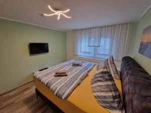 een slaapkamer met een bed en een plafondventilator bij Willi´s Ferienwohnung in Heroldsberg