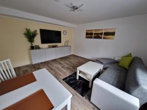 een woonkamer met een bank en een tv bij Willi´s Ferienwohnung in Heroldsberg