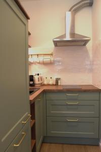 uma cozinha com armários verdes e um fogão em Studio Apartment Rosa Krk em Krk