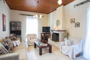 a living room with a couch and a fireplace at Lia's Cozy House in Lefkada