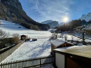 因內特基爾興的住宿－Gemütliche Wohnung mit traditionellem Trittofen，享有雪覆盖的田野和太阳背景的景色