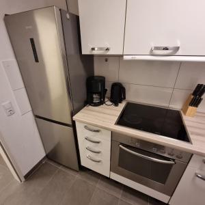 eine kleine Küche mit einem Kühlschrank aus Edelstahl in der Unterkunft Emma in Oldenburg