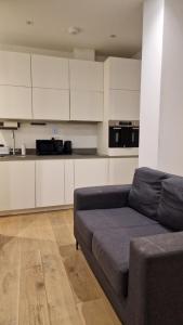 a living room with a couch and a kitchen at London Tottenham Stadium Apartment in London