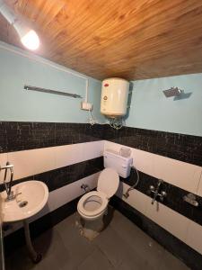 La salle de bains est pourvue de toilettes et d'un lavabo. dans l'établissement Lee Garden Himalayan Wooden Cottages, à Kasol