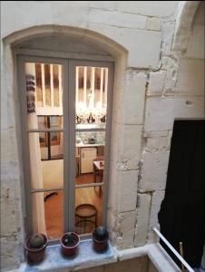 een raam in een bakstenen gebouw met potplanten bij Studio centre historique in Arles