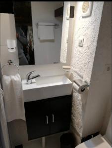 een badkamer met een wastafel, een spiegel en een toilet bij Studio centre historique in Arles