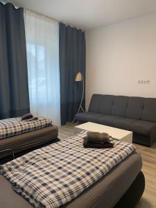 ein Wohnzimmer mit 2 Betten und einem Sofa in der Unterkunft Holiday Apartments House in Essen