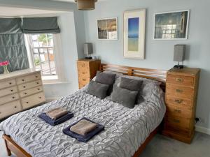 1 dormitorio con 1 cama con 2 almohadas en Lovely Charmouth cottage with log fire & garden close to beach, en Charmouth