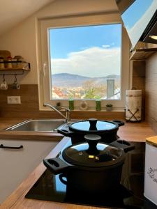 a kitchen with a stove with a large window at Schwarzwaldliebe Ferienwohnung mit eigenem Garten in Gaggenau