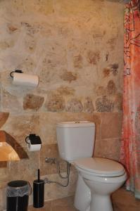 a bathroom with a toilet and a roll of toilet paper at cemil köyü cave house in Urgup