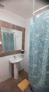 y baño con lavabo y ducha acristalada. en Hostal Tabancura en Copiapó