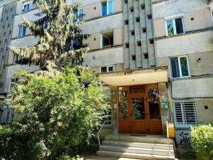 a building with a wooden door in front of it at Sunflower apt in Timişoara