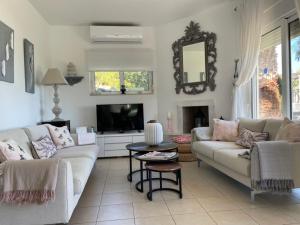 ein Wohnzimmer mit einem Sofa und einem TV in der Unterkunft Villa Francesca in Kalathos