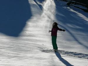 Zaovine的住宿－Vikendica moonlight，一个小女孩站在雪中