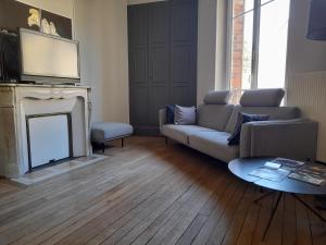 sala de estar con sofá y chimenea en Magnifique maison avec terrasse en Château-Thierry