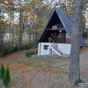 eine Hütte im Wald mit schwarzem Dach in der Unterkunft VILA MAGDA in Divčibare