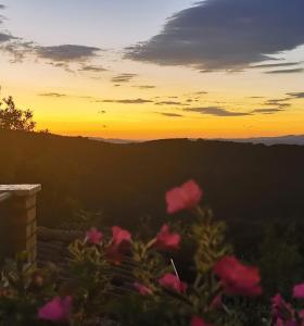 una puesta de sol con flores rosas en primer plano en MaMè, en Bettona