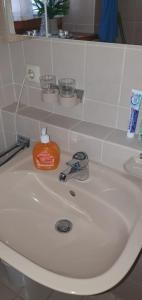 a bathroom sink with a soap dispenser on it at Schöne Ferienwohnung im Luftkurort Hauzenberg in Hauzenberg