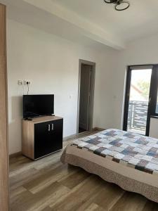 a bedroom with a bed and a flat screen tv at Mimi house in Baia de Fier